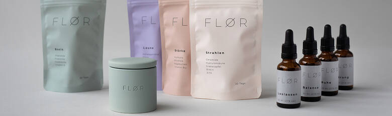 Das FLØR-Sortiment besteht aus FLØR Basic (gesunde Darmflora), FLØR Laune (mentales Wohlbefinden), FLØR Stärke (starkes Immunsystem) und FLØR Strahlen (Schönheit).